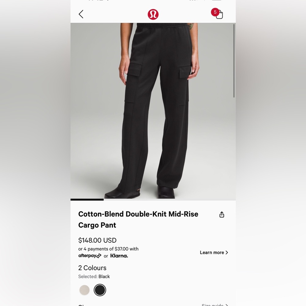 Lululemon cotton blend double knit mid rise cargo pants black size 0